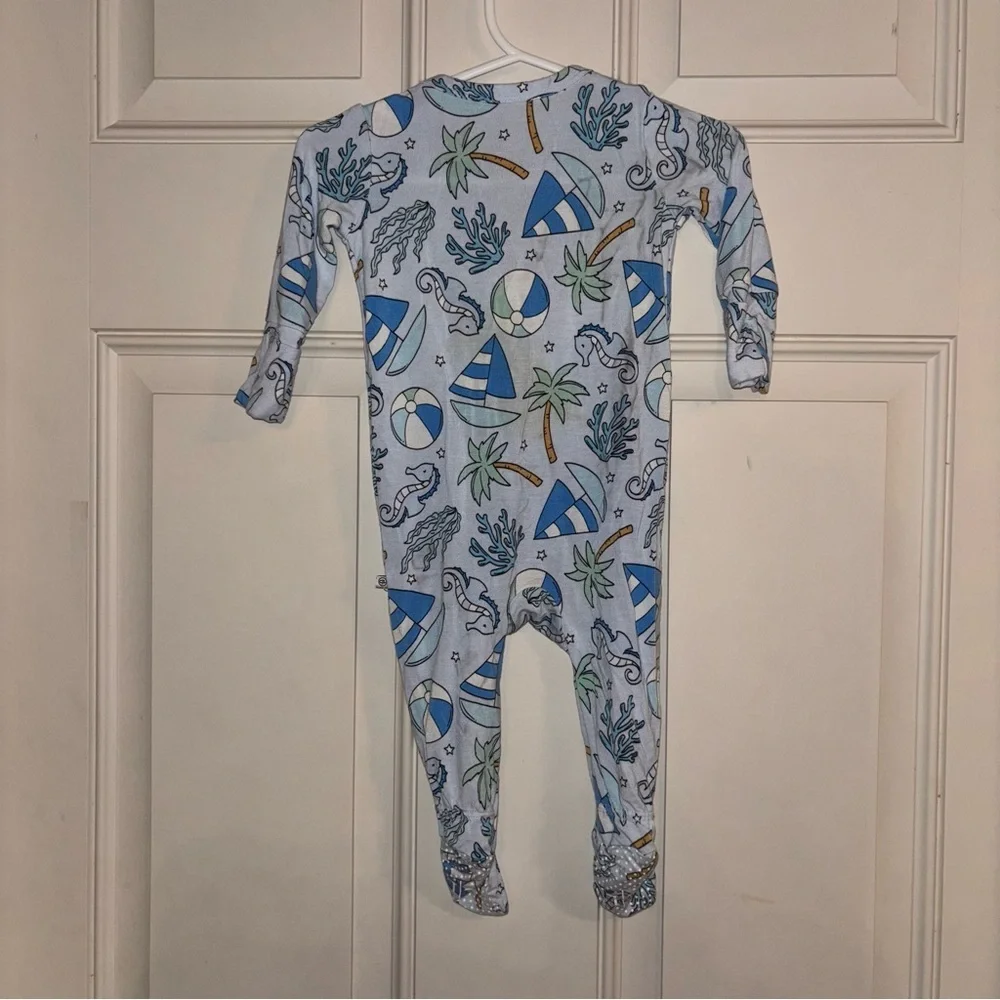 Caden Lane Tiny Tides Bamboo Blue Nautical Zip Footie Pajamas 0-3 Months